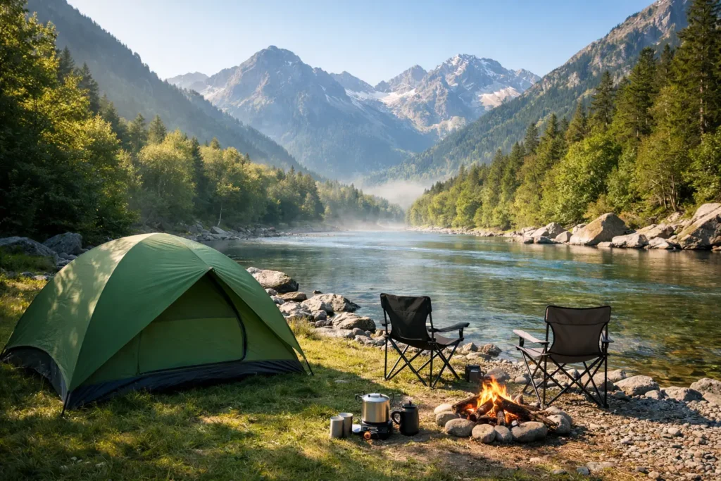 Camping tranquilo junto al río en Pirineos